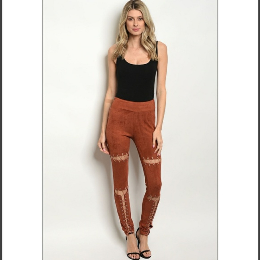 🐂Cowgirl suede slit lace stitched skinny pants